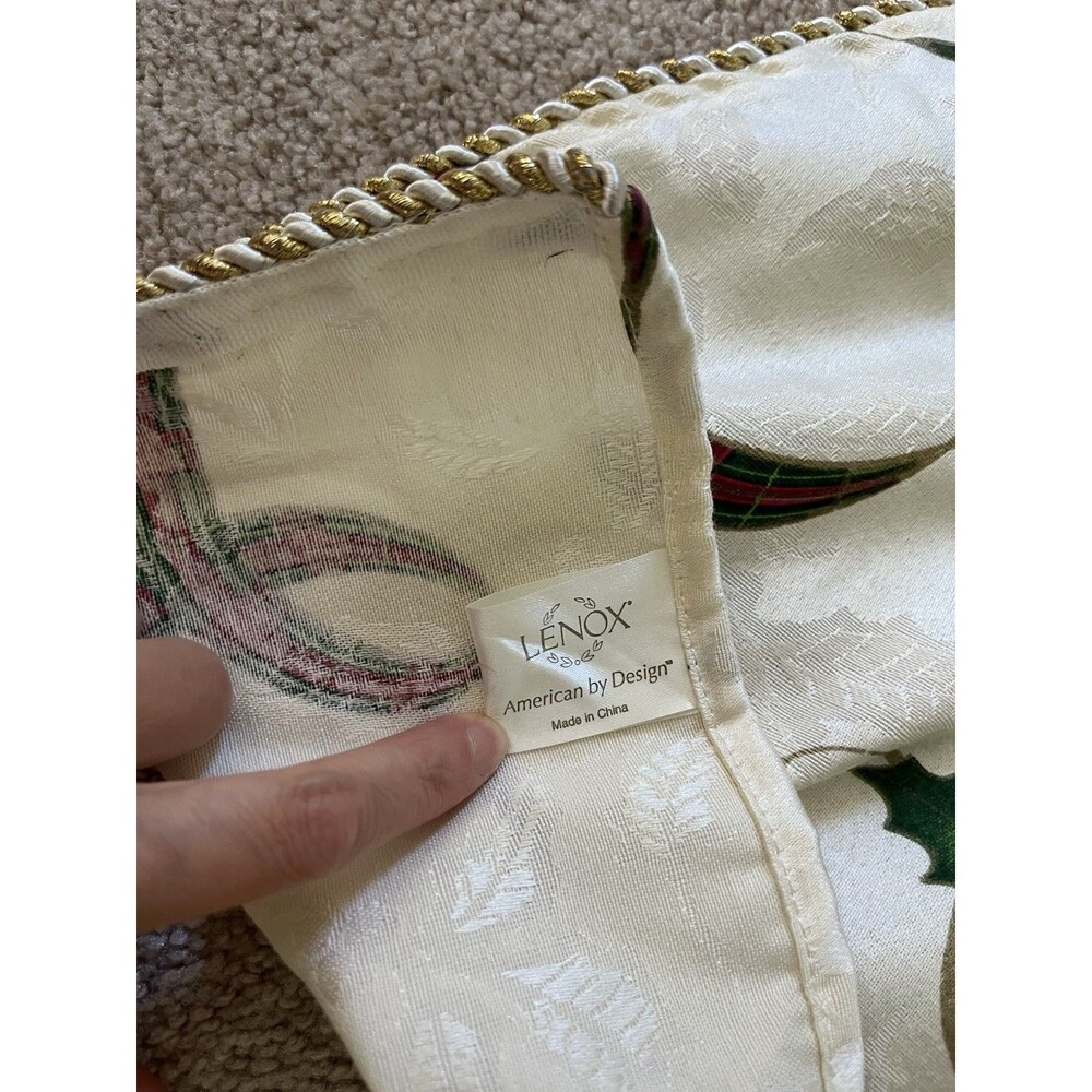 Lenox Holiday Nouveau Christmas Tree Skirt 60" Round Ivory Damask Holly Ribbon - Picture 4 of 5